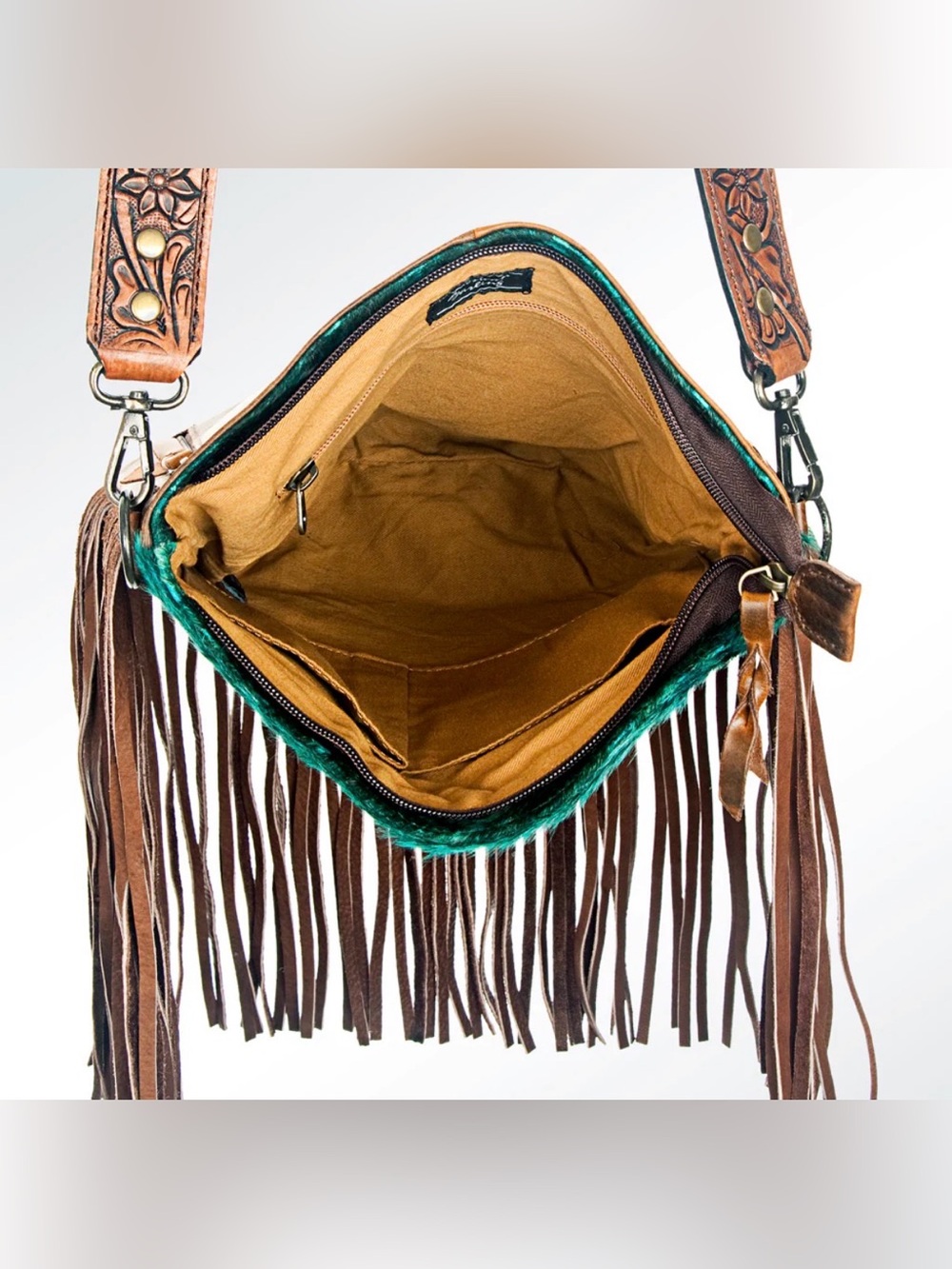 Western darling Turquoise Fringe Crossbody Bag with Tooled Leather Strap - Picture 4 of 4